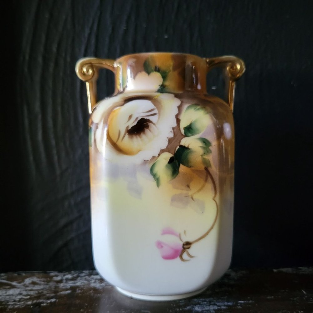Small Vintage Nippon Morimura Porcelain Vase with Hand-Painted Flowers, Brown an
